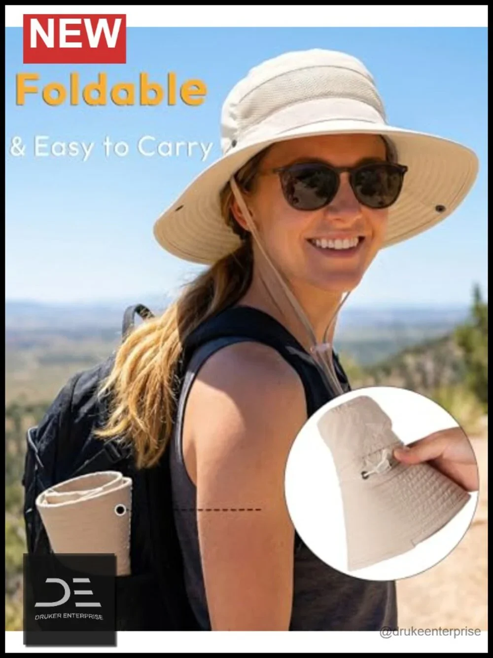 Women's Sun Hat with Ponytail Hole Wide Brim Foldable Bucket Hat UPF 50+ Summer